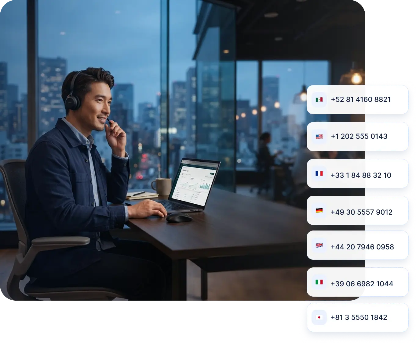 A business call in progress beside numbers in Mexico, the US, France, Germany, the UK, Italy and Japan