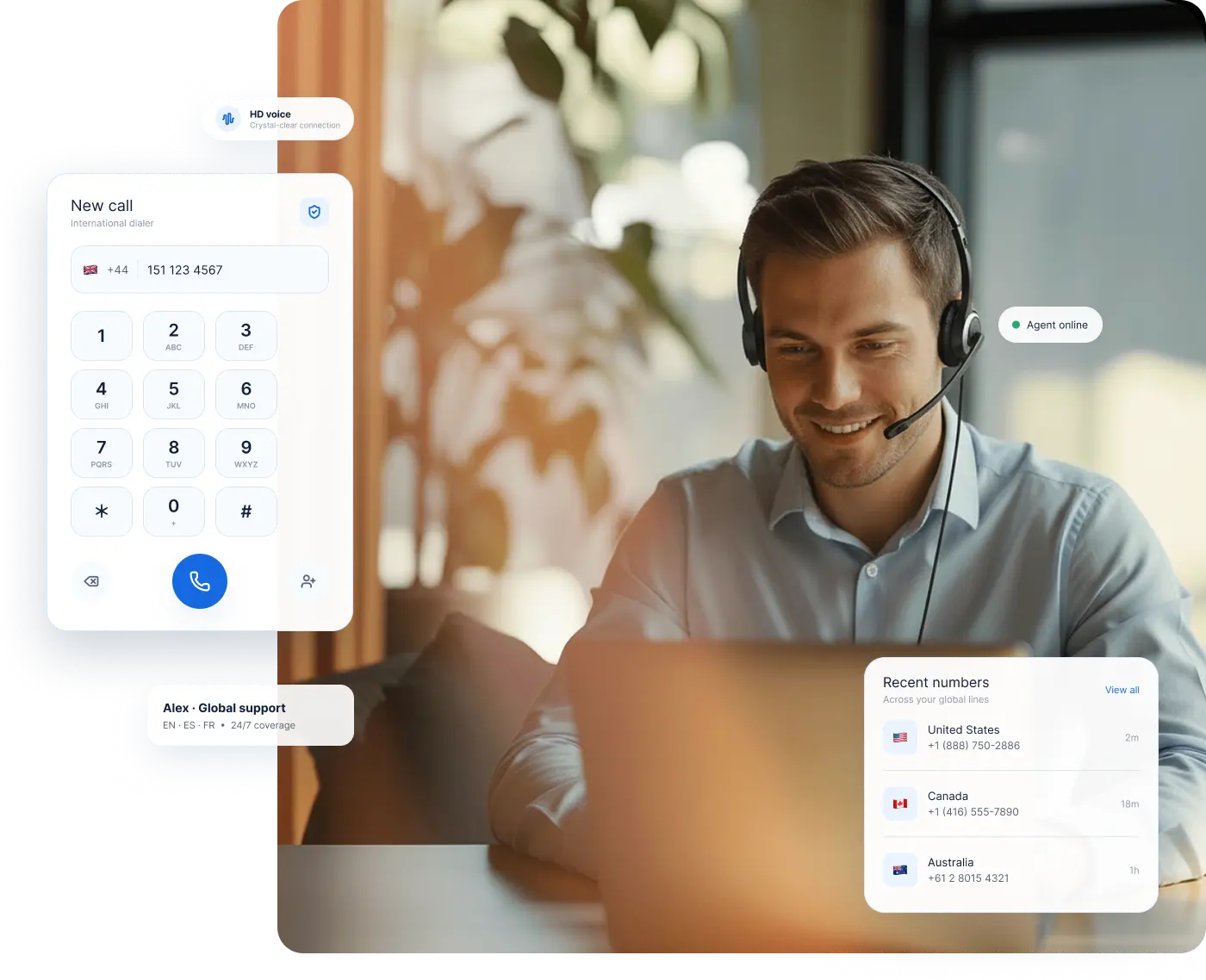 A softphone dialler in use, showing business numbers in several countries